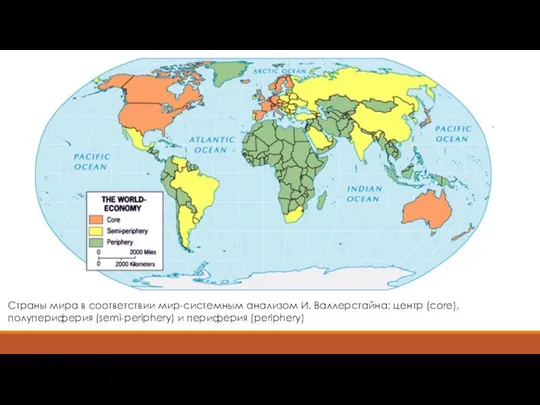 Страны мира в соответствии мир-системным анализом И. Валлерстайна: центр (core), полупериферия (semi-periphery) и периферия (periphery)