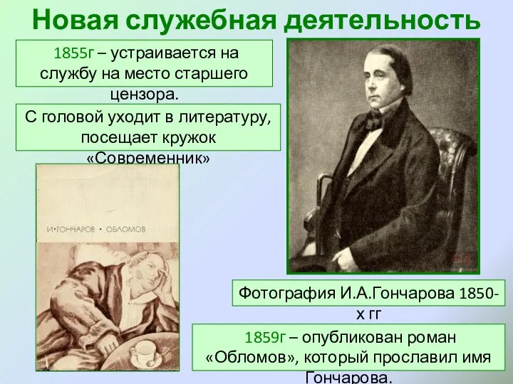 Новая служебная деятельность Фотография И.А.Гончарова 1850-х гг 1855г – устраивается на