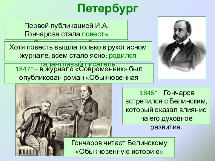 Петербург Первой публикацией И.А.Гончарова стала повесть «Счастливая ошибка» 1847г – в