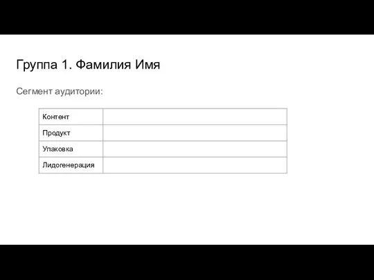 Группа 1. Фамилия Имя Сегмент аудитории: