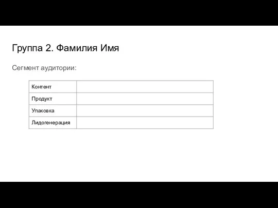 Группа 2. Фамилия Имя Сегмент аудитории: