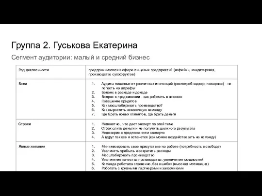 Группа 2. Гуськова Екатерина Сегмент аудитории: малый и средний бизнес