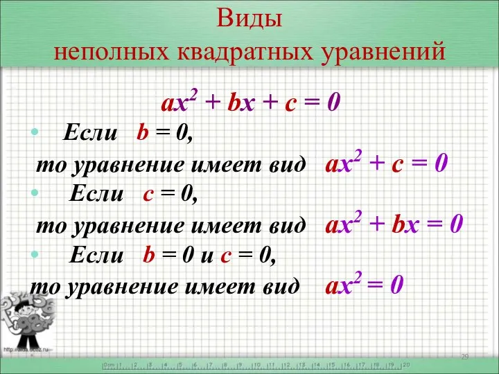 Виды неполных квадратных уравнений ах2 + bx + c = 0