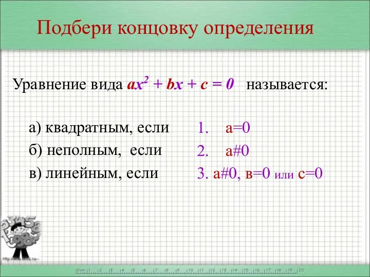 Подбери концовку определения Уравнение вида ах2 + bx + c =