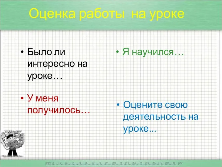 Оценка работы на уроке Было ли интересно на уроке… Я научился…