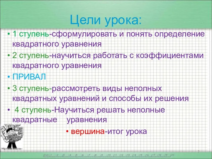 Цели урока: 1 ступень-сформулировать и понять определение квадратного уравнения 2 ступень-научиться