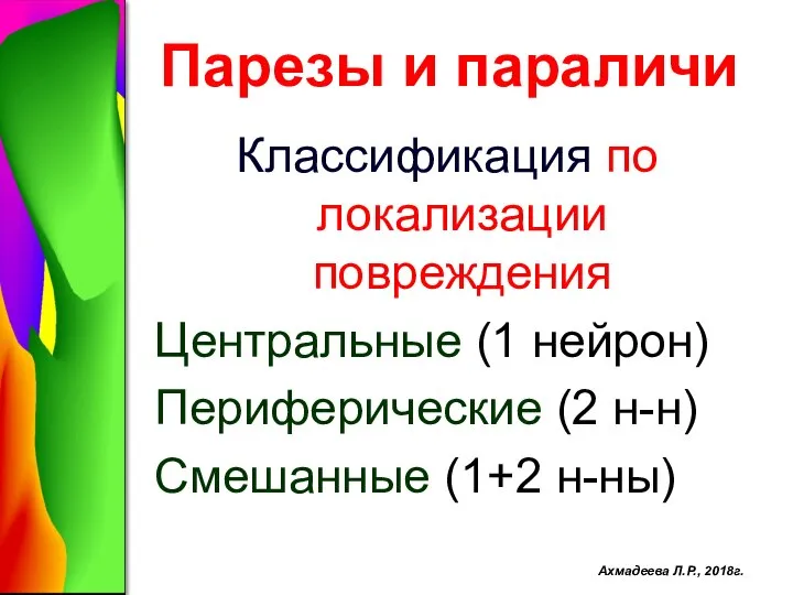 Парезы и параличи Классификация по локализации повреждения Центральные (1 нейрон) Периферические