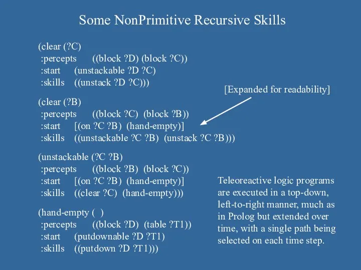 Some NonPrimitive Recursive Skills (clear (?C) :percepts ((block ?D) (block ?C))