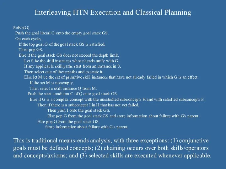 Interleaving HTN Execution and Classical Planning Solve(G) Push the goal literal