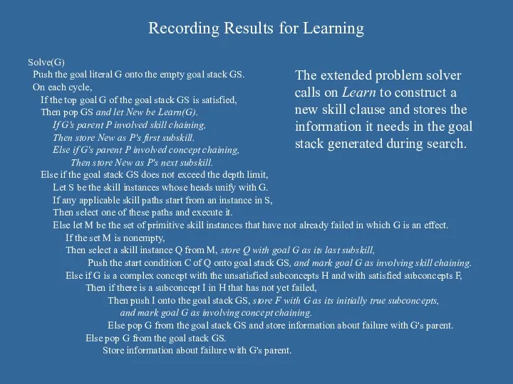 Recording Results for Learning Solve(G) Push the goal literal G onto