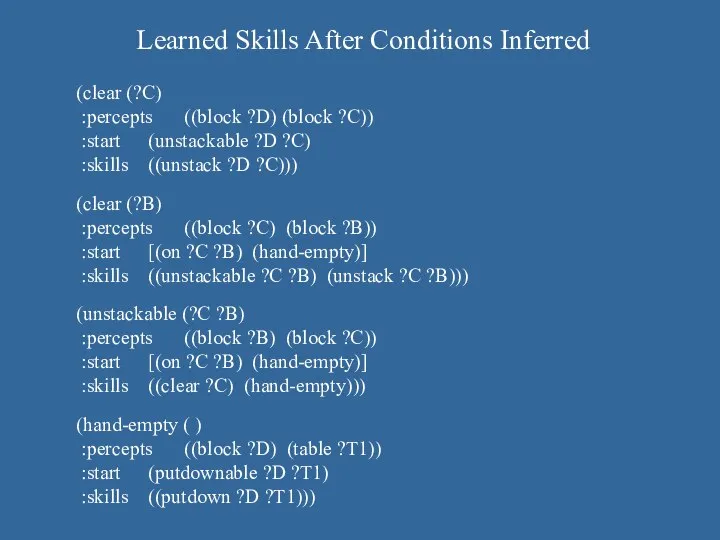 Learned Skills After Conditions Inferred (clear (?C) :percepts ((block ?D) (block
