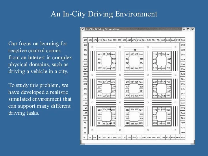 An In-City Driving Environment Our focus on learning for reactive control