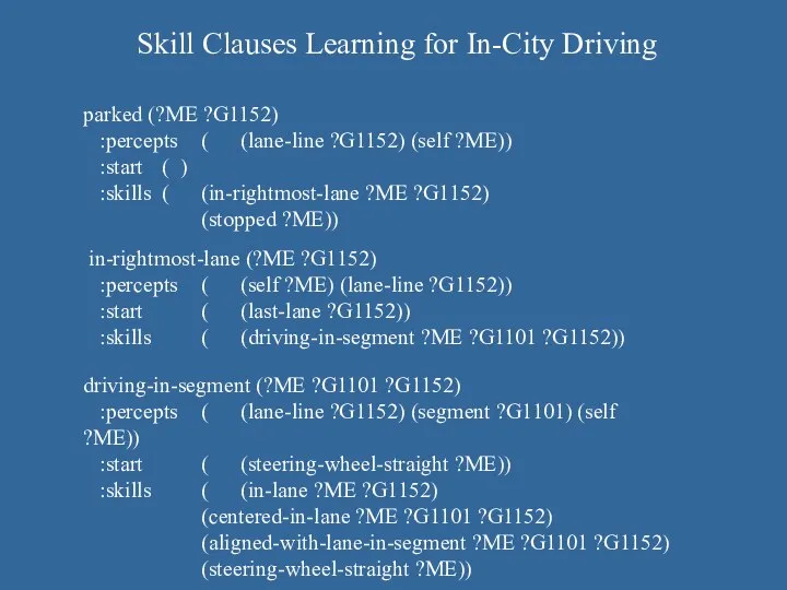 Skill Clauses Learning for In-City Driving parked (?ME ?G1152) :percepts (