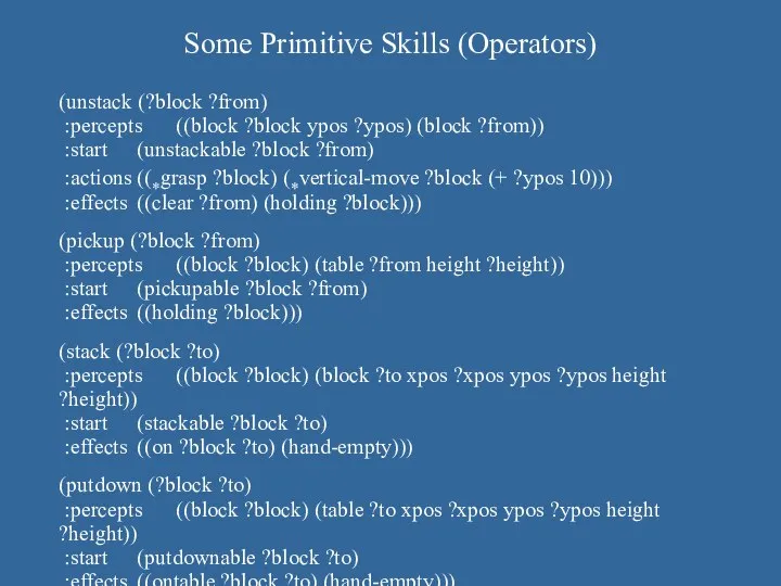 Some Primitive Skills (Operators) (unstack (?block ?from) :percepts ((block ?block ypos