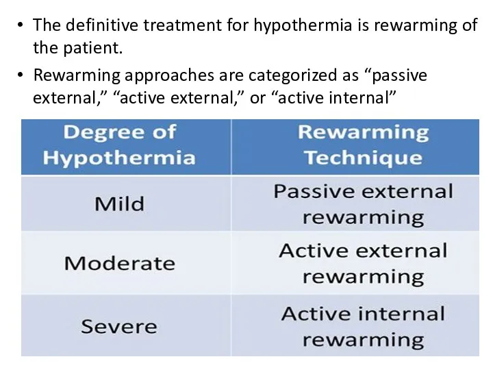 The definitive treatment for hypothermia is rewarming of the patient. Rewarming