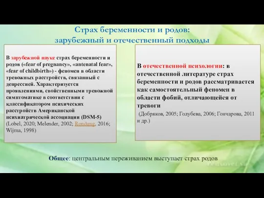 Страх беременности и родов: зарубежный и отечественный подходы Общее: центральным переживанием