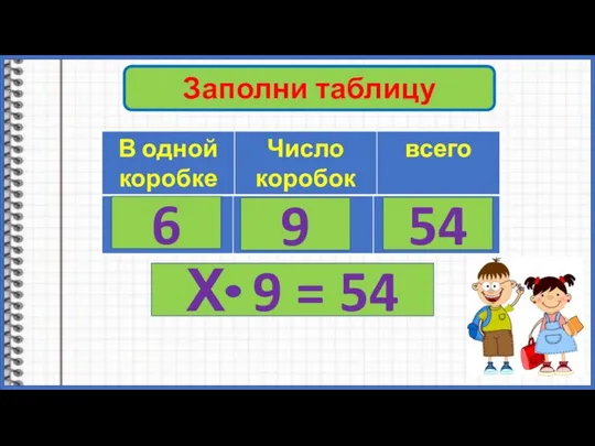 Заполни таблицу Х 9 54 Х 9 = 54 6