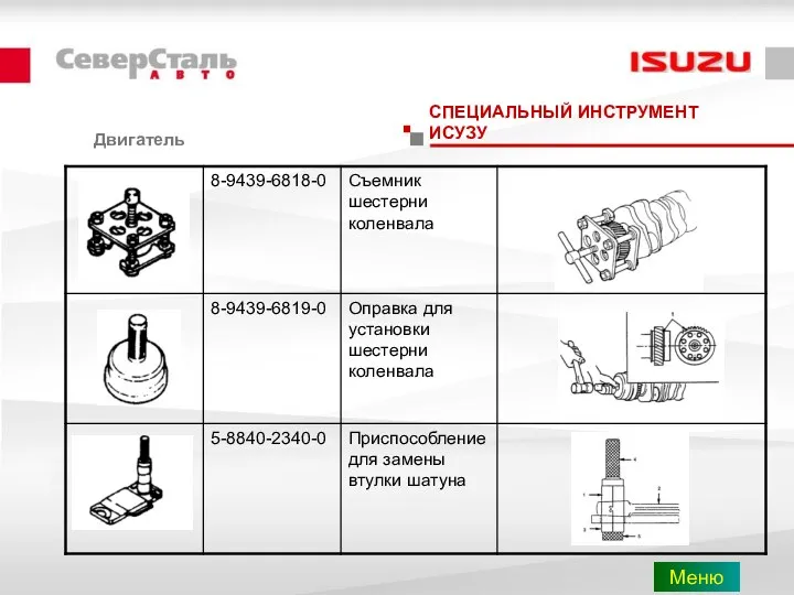 Двигатель СПЕЦИАЛЬНЫЙ ИНСТРУМЕНТ ИСУЗУ Меню