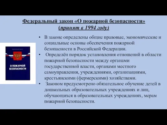 Федеральный закон «О пожарной безопасности» (принят в 1994 году) В законе