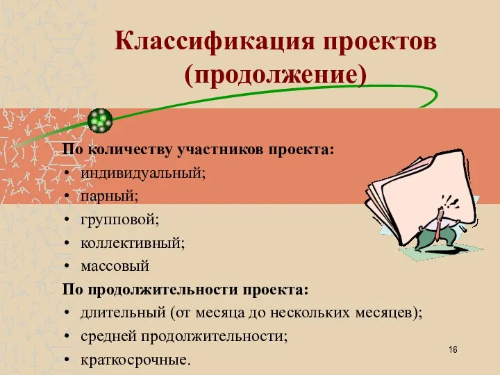 Классификация проектов (продолжение) По количеству участников проекта: индивидуальный; парный; групповой; коллективный;