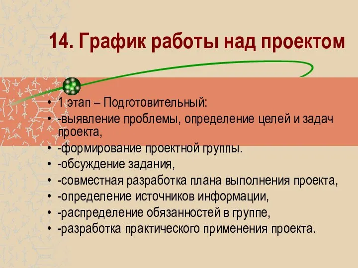 14. График работы над проектом 1 этап – Подготовительный: -выявление проблемы,