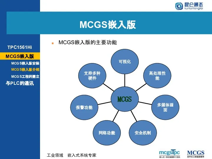 MCGS嵌入版的主要功能 MCGS嵌入版 MCGS嵌入版 MCGS嵌入版安装 MCGS嵌入版介绍 与PLC的通讯 MCGS工程的建立 TPC1561Hi