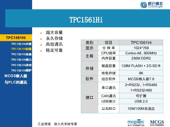 超大容量 永久存储 高效通讯 稳定可靠 TPC1561Hi MCGS嵌入版 TPC1561Hi外观 TPC1561Hi配置 TPC1561Hi安装 TPC1561Hi接口 TPC1561Hi启动 TPC1561Hi维护 与PLC的通讯 TPC1561Hi