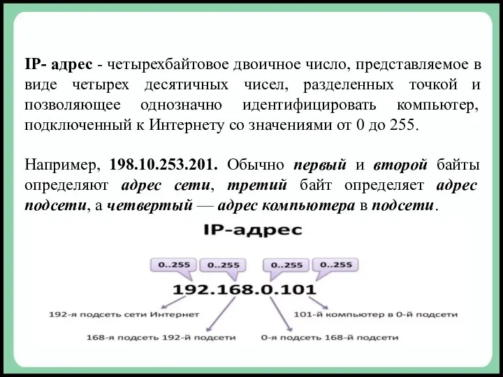 IP- адрес - четырехбайтовое двоичное число, представляемое в виде четырех десятичных