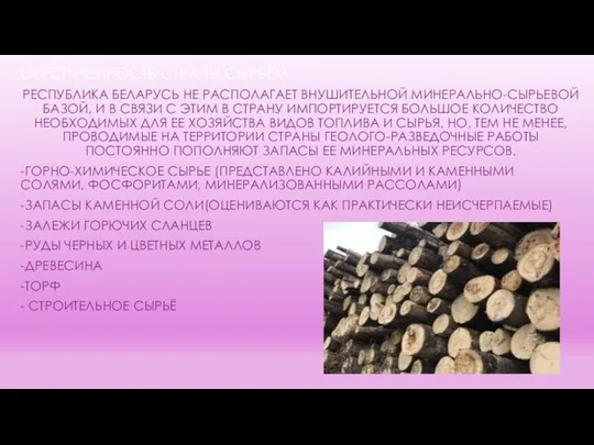 ОБЕСПЕЧЕННОСТЬ СТРАНЫ СЫРЬЁМ РЕСПУБЛИКА БЕЛАРУСЬ НЕ РАСПОЛАГАЕТ ВНУШИТЕЛЬНОЙ МИНЕРАЛЬНО-СЫРЬЕВОЙ БАЗОЙ, И