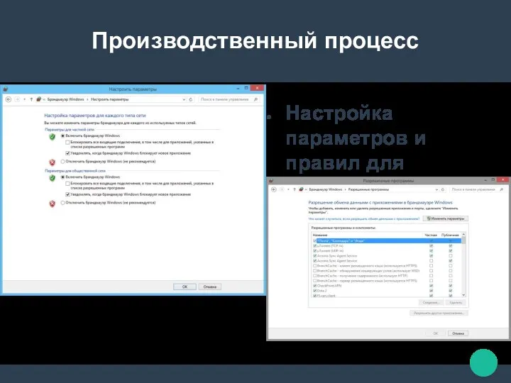 Производственный процесс Настройка параметров и правил для брандмауэра