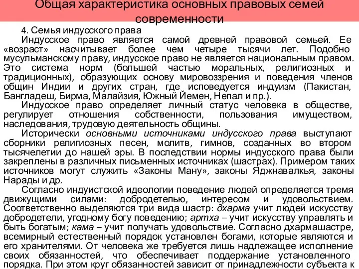 Общая характеристика основных правовых семей современности 4. Семья индусского права Индусское