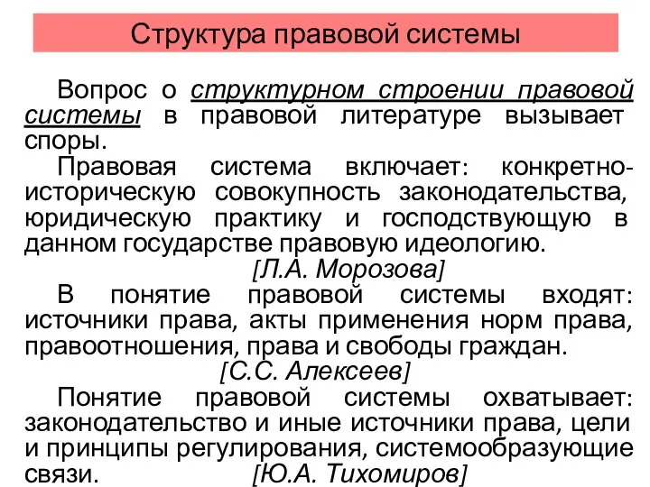 Структура правовой системы Вопрос о структурном строении правовой системы в правовой