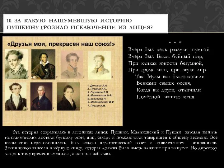 Эта история сохранилась в летописях лицея: Пушкин, Малиновский и Пущин затеяли