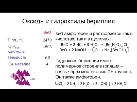 Оксиды и гидроксиды бериллия BeO амфотерен и растворяется как в кислотах,