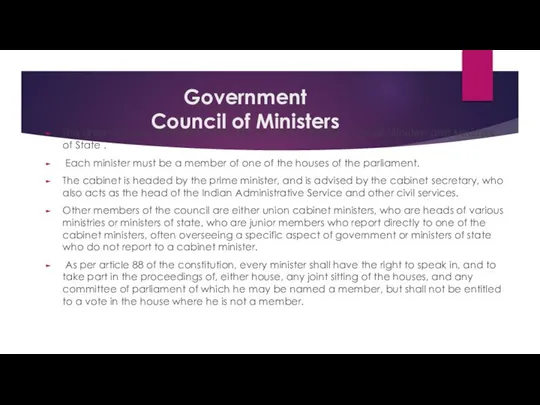 Government Council of Ministers The Union Council of Ministers includes the