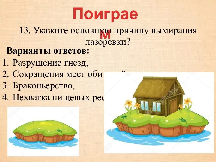 Поиграем 13. Укажите основную причину вымирания лазоревки? Разрушение гнезд, Сокращения мест