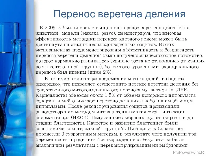 Перенос веретена деления В 2009 г. был впервые выполнен перенос веретена