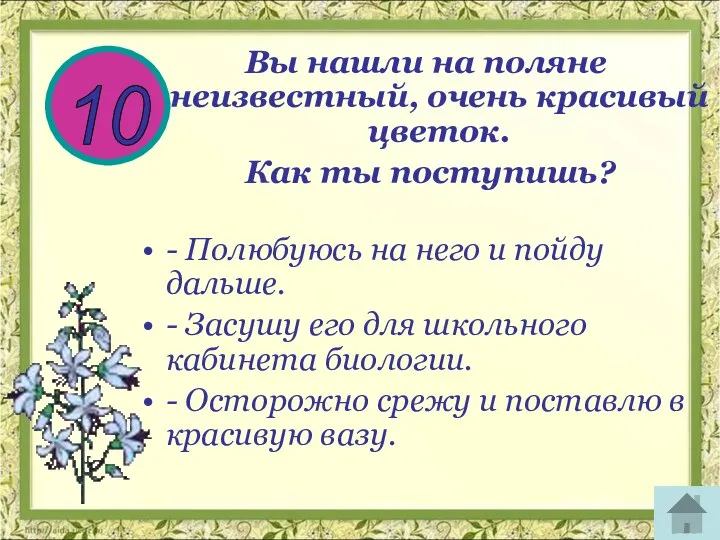 10 Вы нашли на поляне неизвестный, очень красивый цветок. Как ты