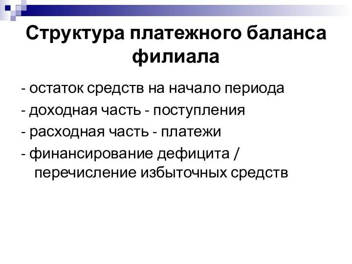 Структура платежного баланса филиала - остаток средств на начало периода -