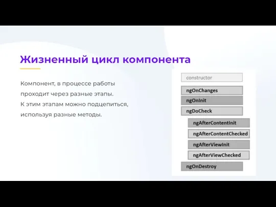 Компонент, в процессе работы проходит через разные этапы. К этим этапам можно подцепиться, используя разные методы.