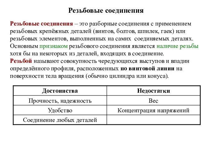 Резьбовые соединения – это разборные соединения с применением резьбовых крепёжных деталей