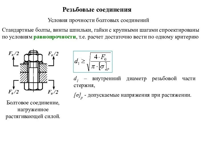 Резьбовые соединения Условия прочности болтовых соединений Стандартные болты, винты шпильки, гайки