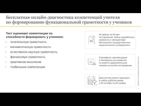 46 кейсов на 60 мин тестирования. Кейсы разработаны совместно с методистами