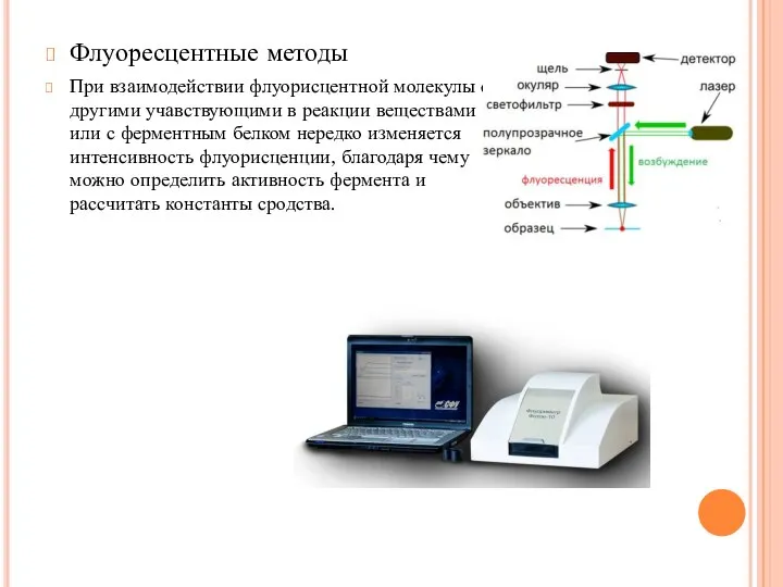 Флуоресцентные методы При взаимодействии флуорисцентной молекулы с другими учавствующими в реакции