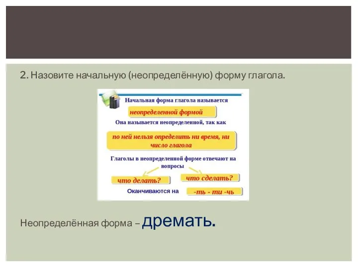 2. Назовите начальную (неопределённую) форму глагола. Неопределённая форма – дремать.