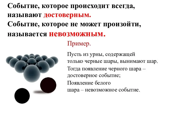 Событие, которое происходит всегда, называют достоверным. Событие, которое не может произойти,