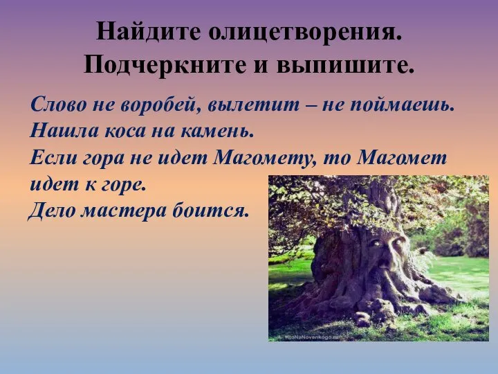 Найдите олицетворения. Подчеркните и выпишите. Слово не воробей, вылетит – не