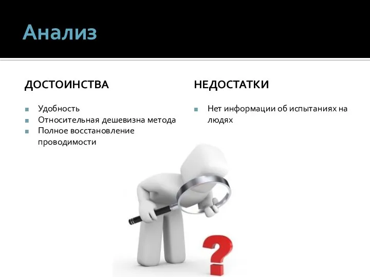 Анализ ДОСТОИНСТВА Удобность Относительная дешевизна метода Полное восстановление проводимости НЕДОСТАТКИ Нет информации об испытаниях на людях