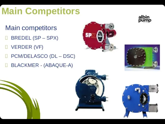 Main Competitors Main competitors BREDEL (SP – SPX) VERDER (VF) PCM/DELASCO