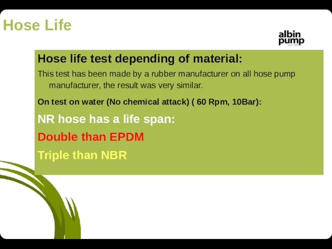 Hose life test depending of material: This test has been made